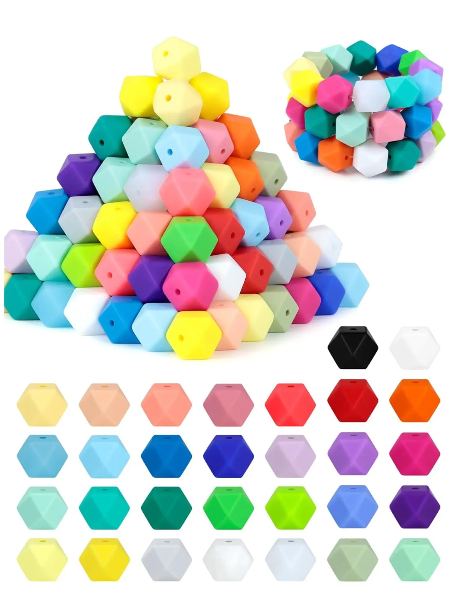 100Pcs Hexagon Silicone Beads,Random Colors 14mm Silicone Beads for Keychain Making Kit,Lanyard Making,Keychains,Valentine's Day Bracelet, Beads for Jewelry Making, Jewelry Making Supplies, Craft Projects and DIY for Adult