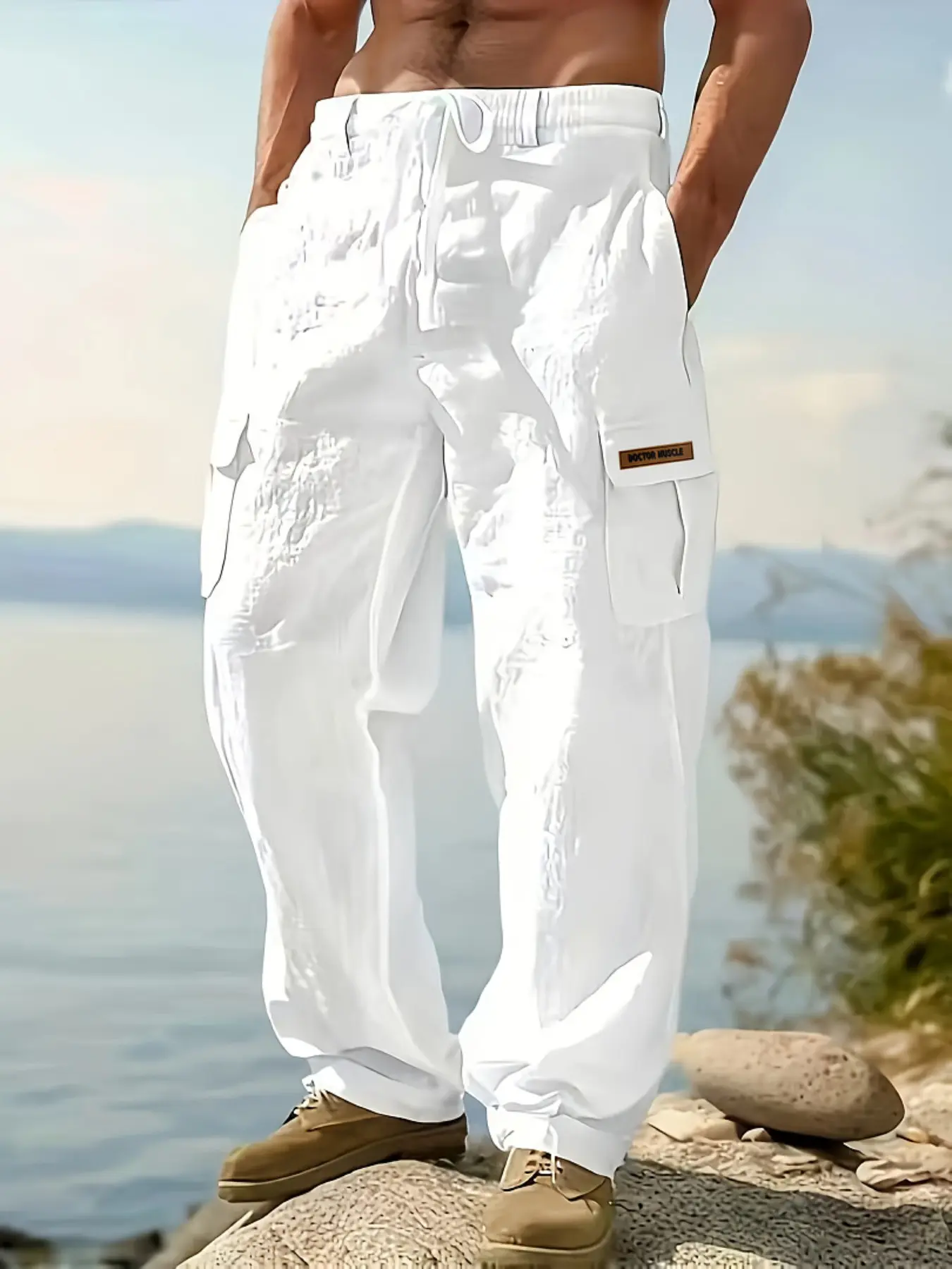Men's Linen Summer Pants with Pocket, Casual Loose-Fit Baggy Hawaiian Tropical Vacation Commute, Breathable Straight Leg Long Pants, All Seasons