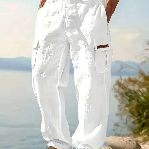 Men's Linen Summer Pants with Pocket, Casual Loose-Fit Hawaiian Tropical Style, Breathable Straight-Leg Pants, Suitable for Vacation & Daily Commute, Beach Pants