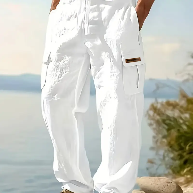 Men's Linen Summer Pants with Pocket, Casual Loose-Fit Hawaiian Tropical Style, Breathable Straight-Leg Pants, Suitable for Vacation & Daily Commute, Beach Pants