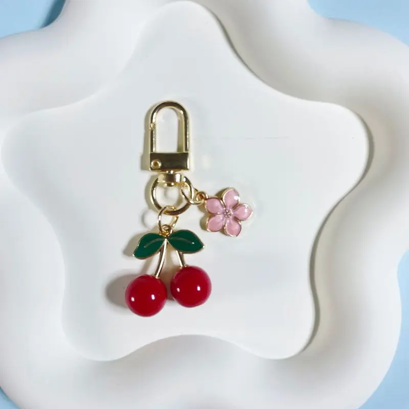Cherry & Cherry Blossom Keychain Charms, Cute Girly Metal Pendants for Bags & Earphone Case Decor