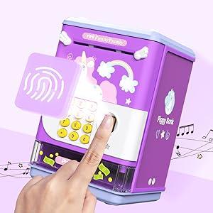 ZY   Mini ATM Savings Machine with Personal Password & Fingerprint Unlocking Simulation - Music Box with Songs for, Boys and Girls 3-8 Years (Purple) Decor Piggy Transparent Set Ornaments Pink Add Swipe Card Function