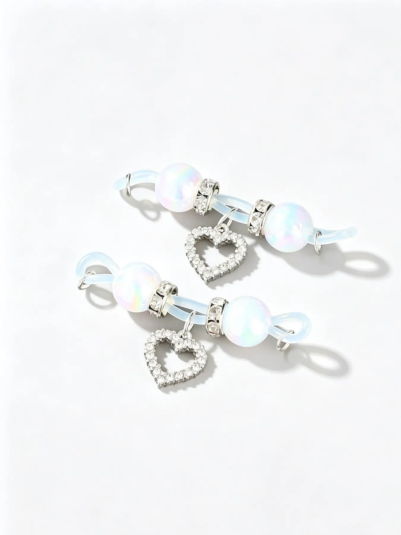 Non-Piercing Nipple Rings for Women, Iridescent Dual-Sphere Iridescent Beads Clear Soft Silicone Nipple Bar with Hollow Paved Crystal Heart Charm Dangle, Reusable Clip On Body Piercing Jewelry, Hypoallergenic Body Decor Accessories, Chic Body Jewelry