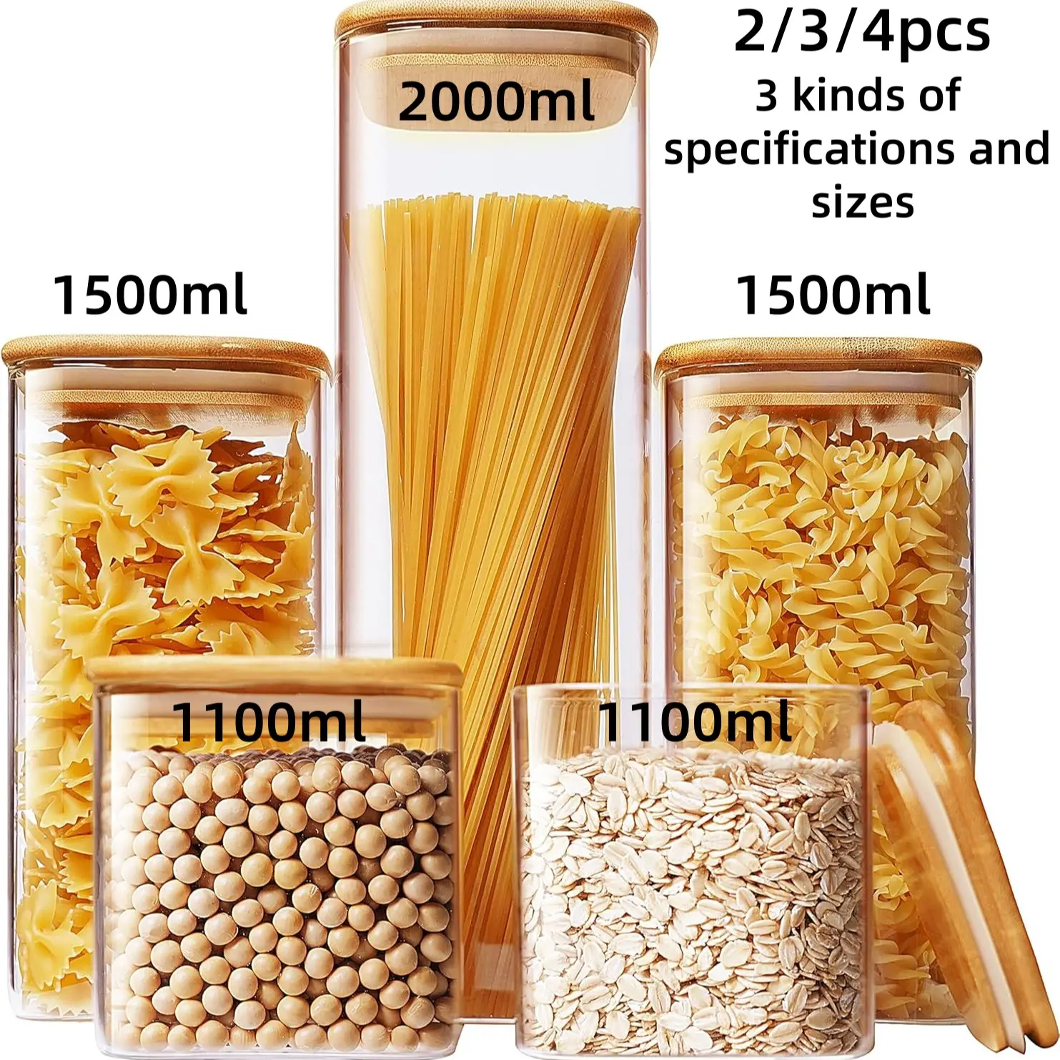 Square Kitchen Food Glass Jars, Large Capacity Storage Containers with Lids, Bamboo Wood Lid, Set of 2/3/4pcs, Ideal for Spices, Grains, Pasta, Coffee, Sugar, Seasoning Jars Containers