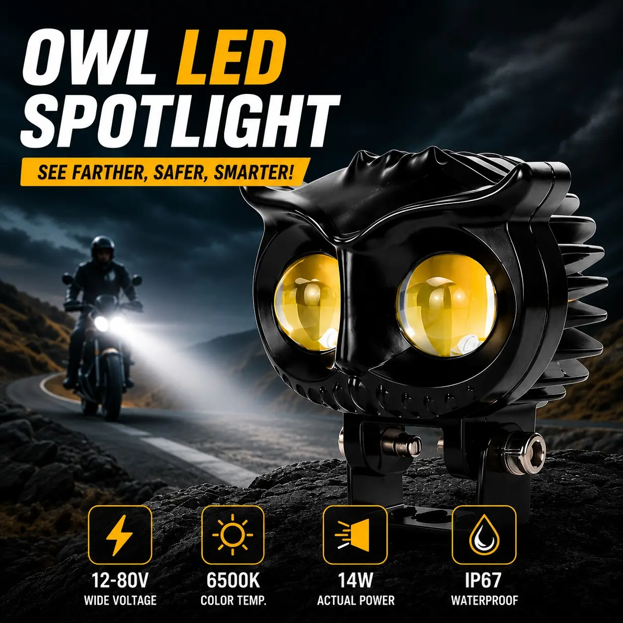 Apq Owl Eye LED Spotlight 12-80v, Dual Color Beam, Strobe Flash, Ip67 Waterproof, Motorcycle Auxiliary Driving Light