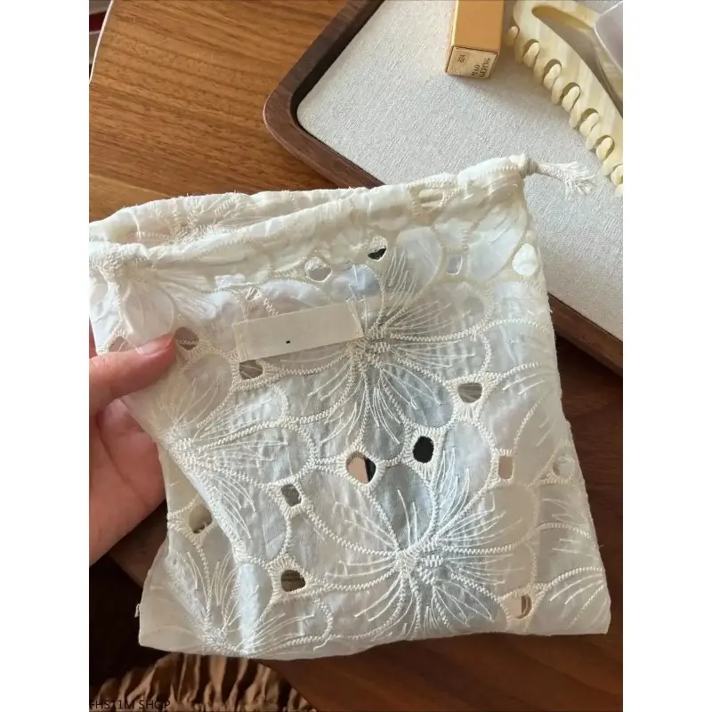 Glamorous Floral Lace French Organza Makeup Bag with Drawstring & Zipper, Embroidered PVC Fabric Cosmetic Pouch, Lightproof Handheld Storage Organizer for Travel Skincare