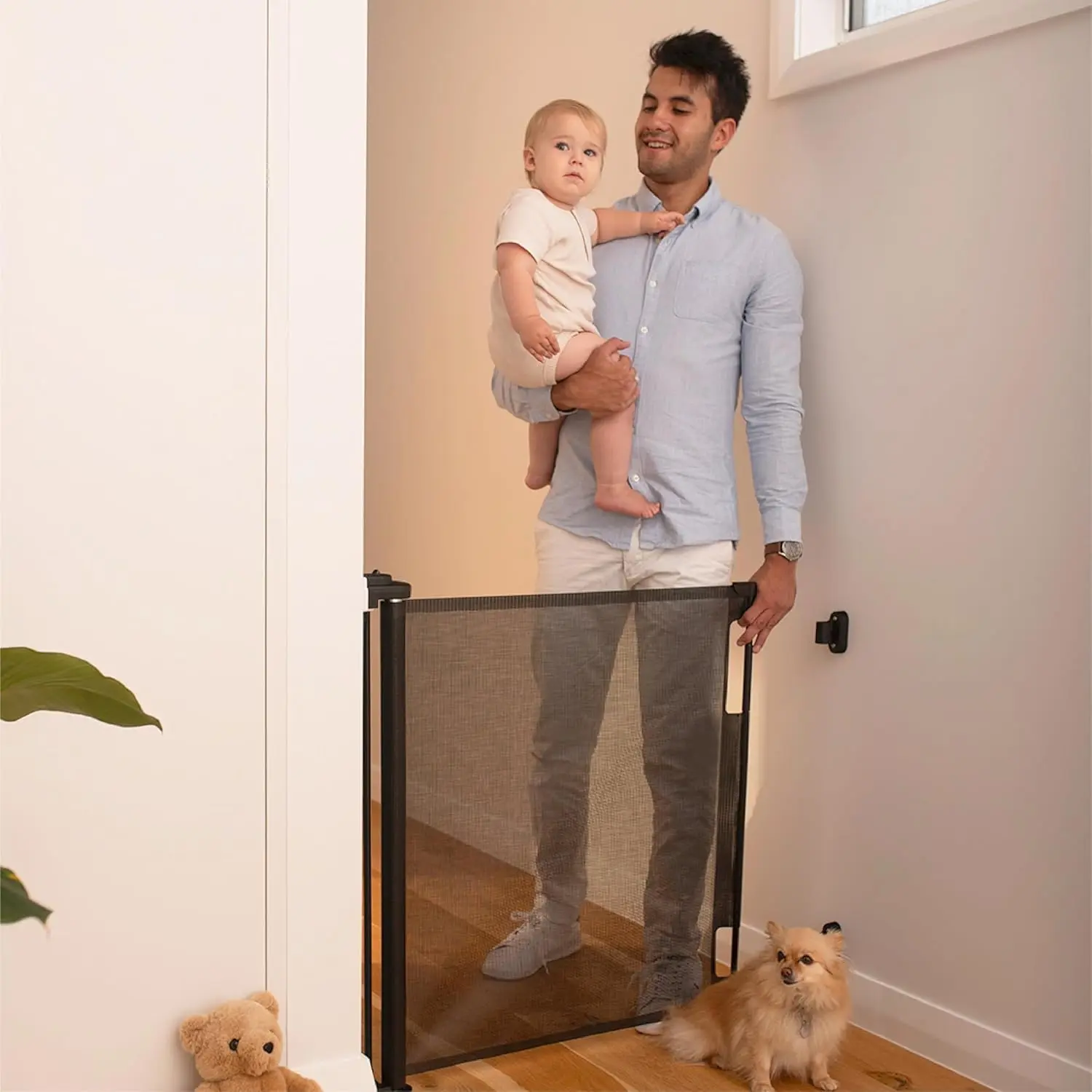 Perma Mesh Safety Gate - Retractable, 33" Tall x 55" Wide, 1-Handed Operation, Locking, Hardware Mount, Easy Install, Indoor/Outdoor Use for Stairs, Doorways (Black)