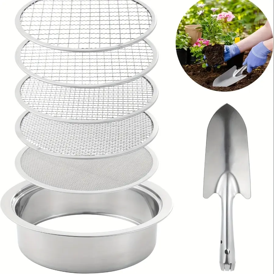 7pc Soil Sieve Stainless Steel Sieve Set for Gardening with 5 Sizes 1/3/6/9/12mm Interchangeable Meshes Sieve Fine Mesh Stainless Steel - Garden Pot Sieve with Shovel - Planting Soil Sieve Strainer