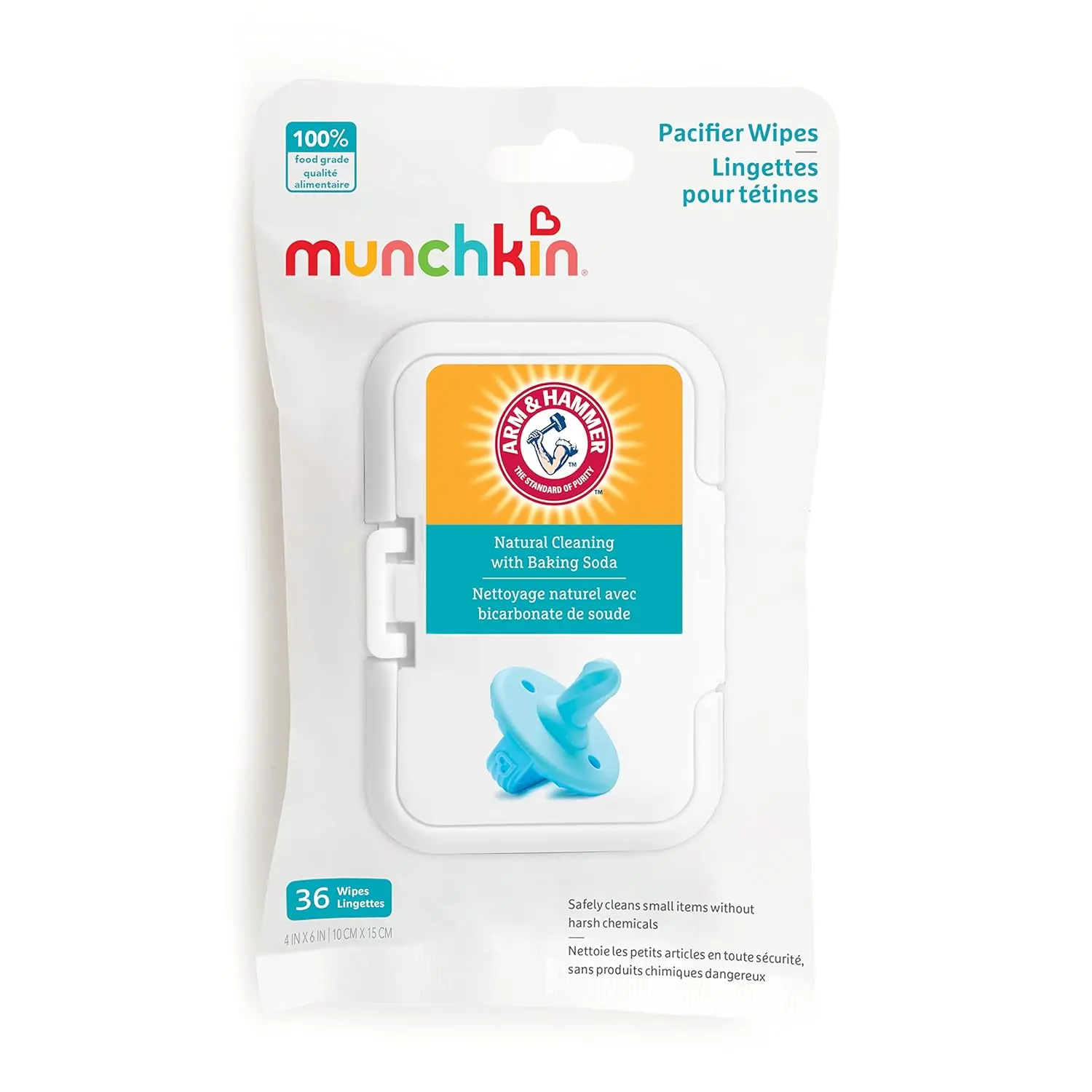 Munchkin Arm & Hammer Baking Soda Alcohol-Free Food-Grade Pacifier Wipes - Compact On-The-Go Cleaner for Baby Breast Pump Parts & Feeding Essentials, 1 Pack (36 Wipes)