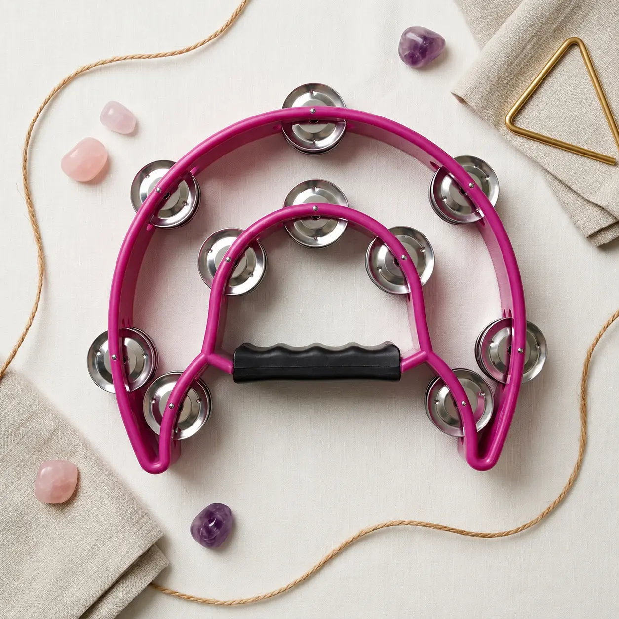 Pink Half Moon Musical Tambourine Hand Held Percussion Drum with Double Row Metal Jingles and Ergonomic Handle Grip for Party and KTV