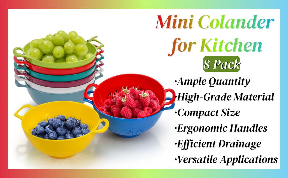 8 Pack Mini Colander for Kitchen, 6 Inch Plastic Berry Bowl with Double Handles, Small Compact Food Strainers, Perforated Round Fruits Basket for Vegetables Pasta, BPA-Free, Food-Safe(8 Colors)
