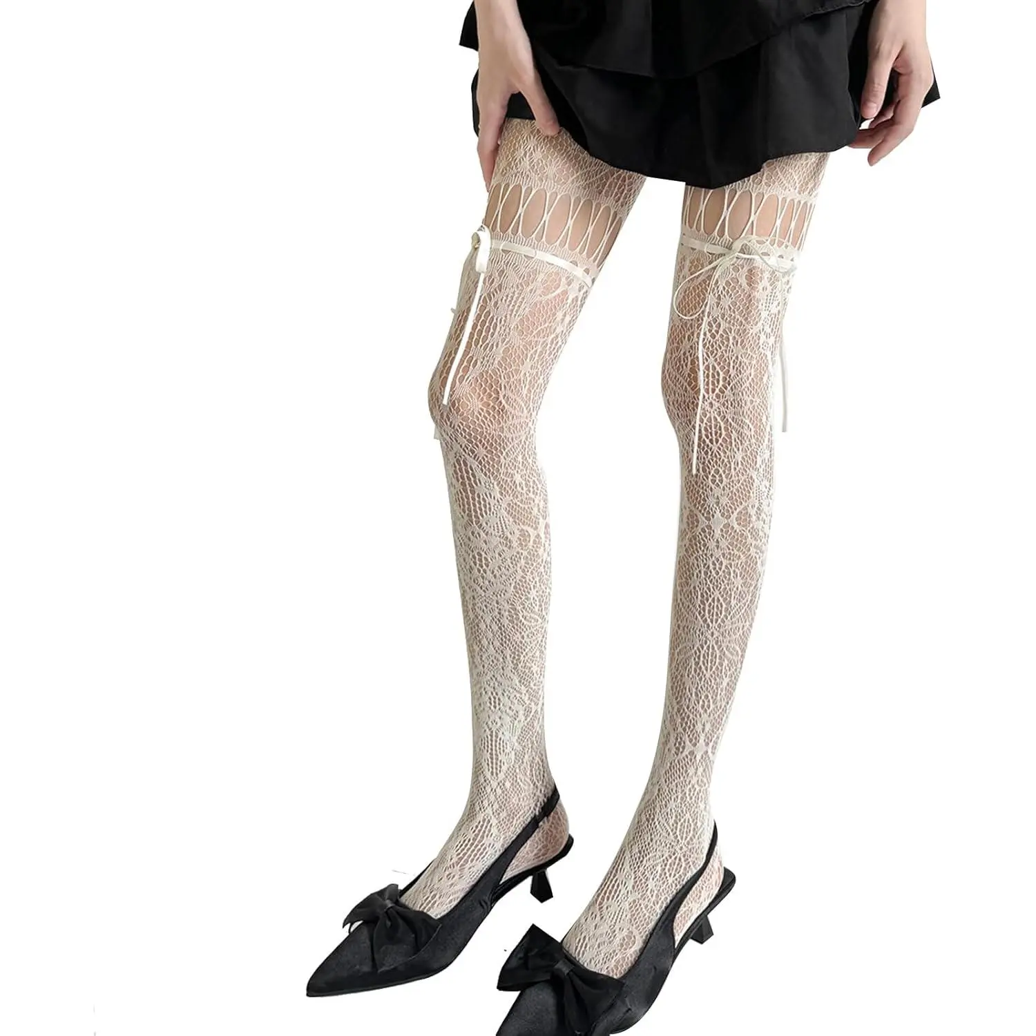 Women Lace Fishnet Tights with Bow Ribbon Hollow Out Floral Pantyhose Sheer Stockings Soft Goth Balletcore Leggings