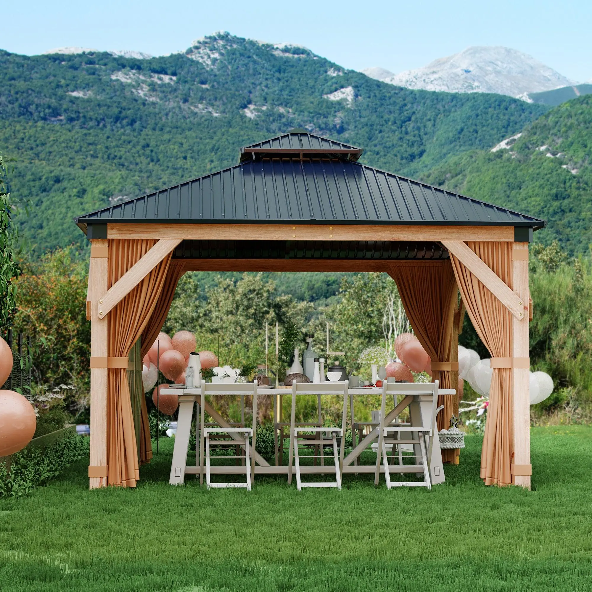 GARVEE10x10 FT Wooden Double Roof Gazebo Outdoor Canopy Shelter with 4-Post Design for Patio, Backyard, Garden & Wedding Parties
