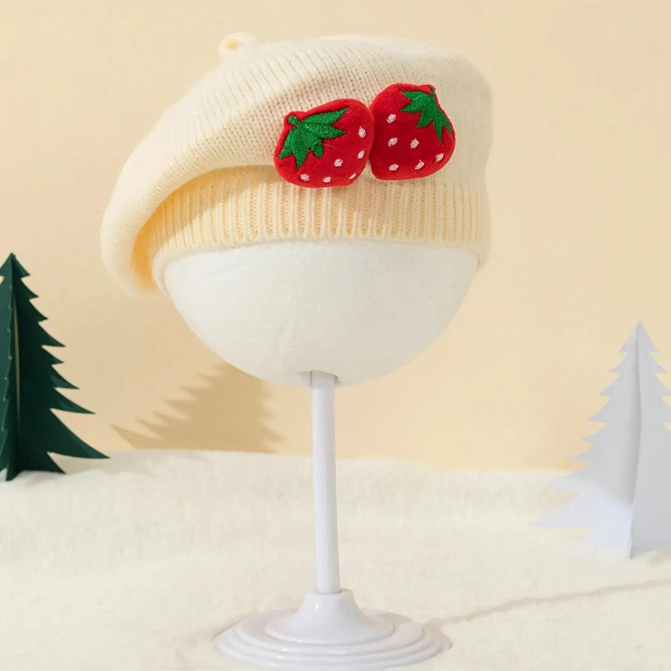 Girls' Strawberry Knit Beret Hat - Stretchy Lightweight Winter Hat with Red Strawberries, Soft Pastel Colors (Pink, Yellow, Green, Blue, Purple) - Christmas, Thanksgiving, New Year Party Outfit - for Ages 3- - Easy-Care Kids' Formal & Everyday Winter Acce