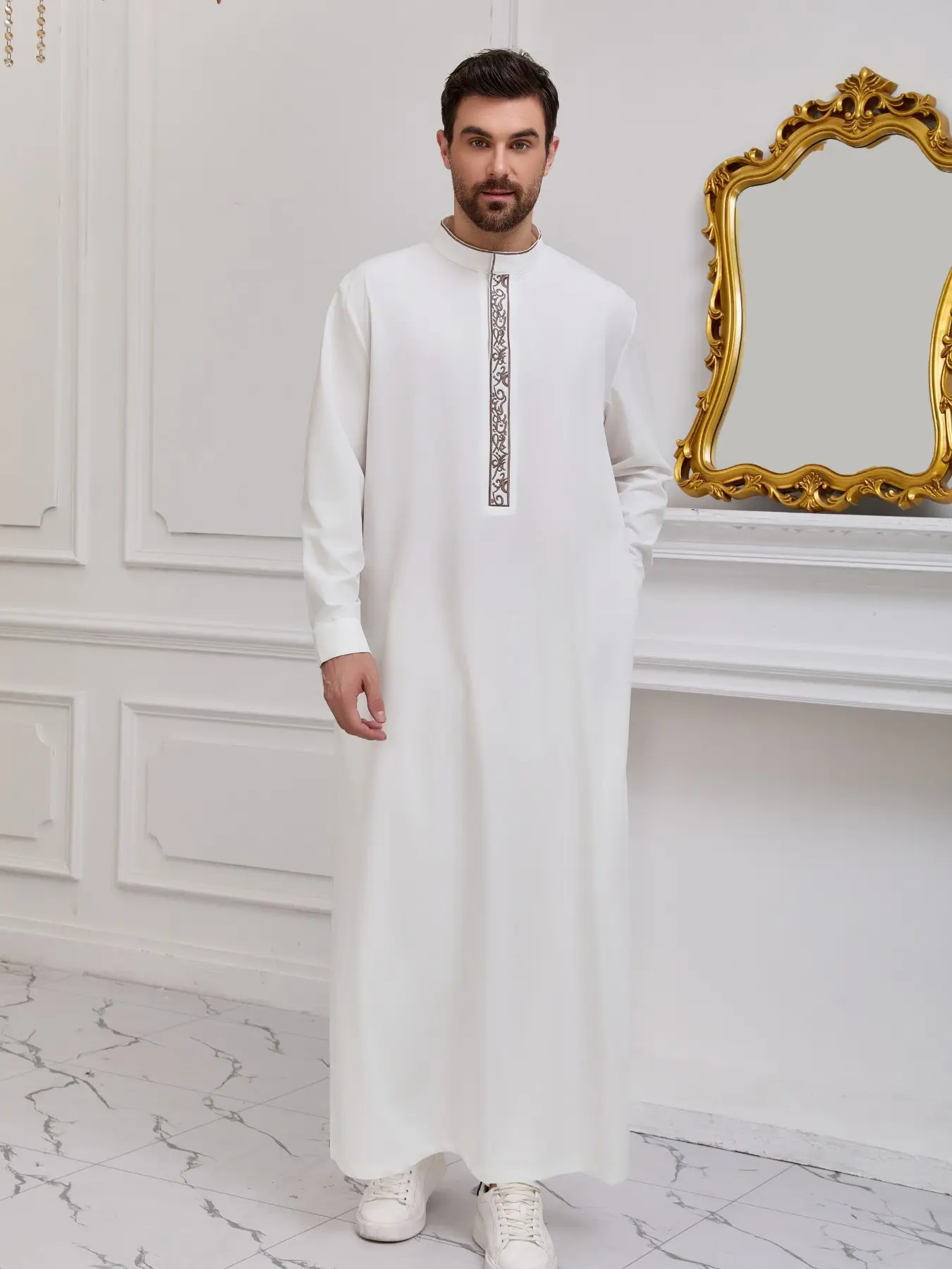 Islamic Muslim Arabic Traditional Robe Clothing For Muslim, Ramadan Festival Sacrifice Day Traditional Holiday Clothes, Classic Men's Embroidered Copper Color Robe, Modesty Thobe, Authentic Saudi Thobe