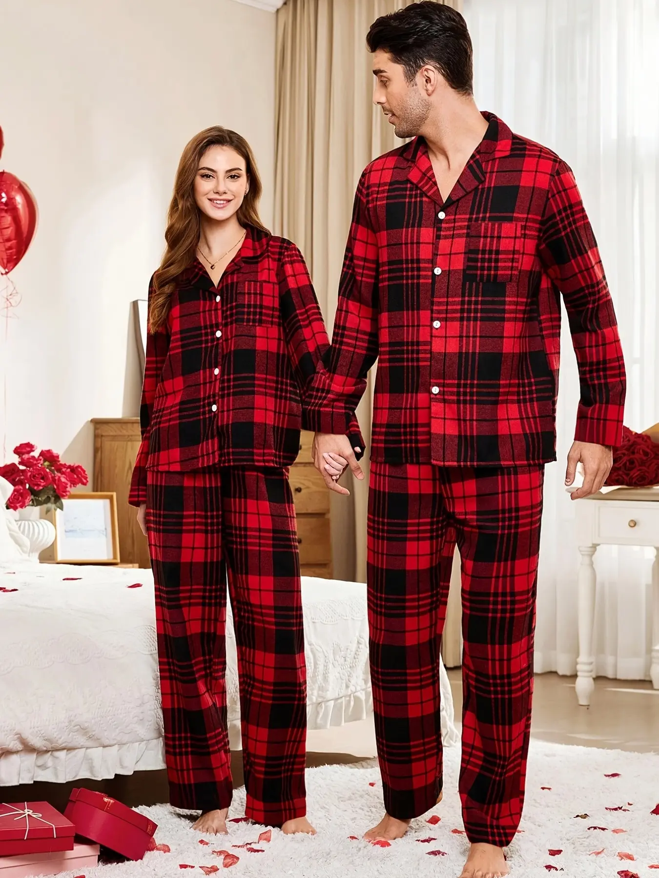 Couple Plaid Pajama Set, Long Sleeve Open Front Top + Pants, Soft Flannel Sleepwear, Unisex Casual Home, All Seasons