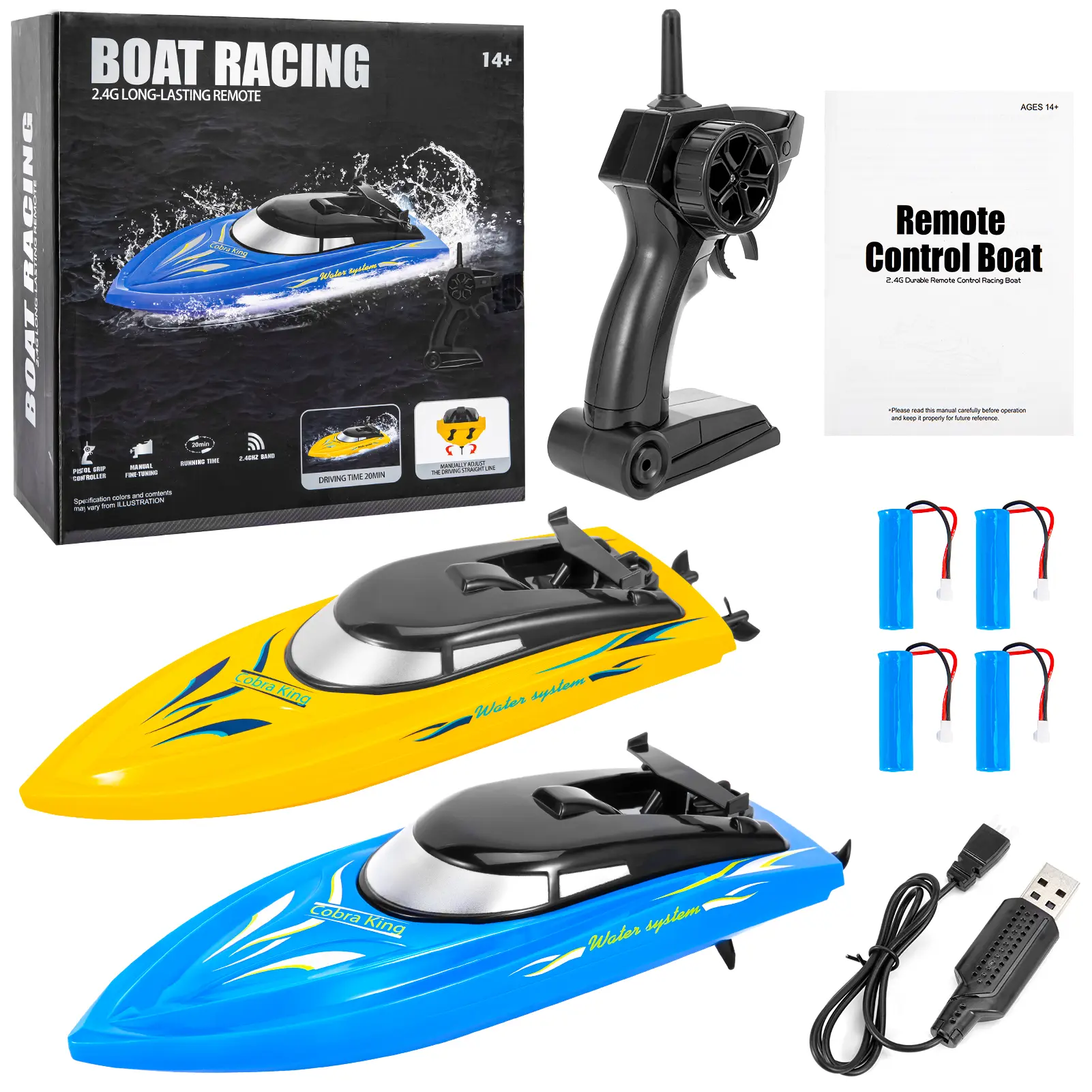 2-Pack High-Speed RC Boats for Kids & Adults, 2.4GHz Remote Control Speedboats with 4 Rechargeable Batteries. 10km/h Fast Racing Toy for Pool, Lake, Pond. Waterproof Electric Boat Gift for Boys Girls Summer Outdoor Water Play