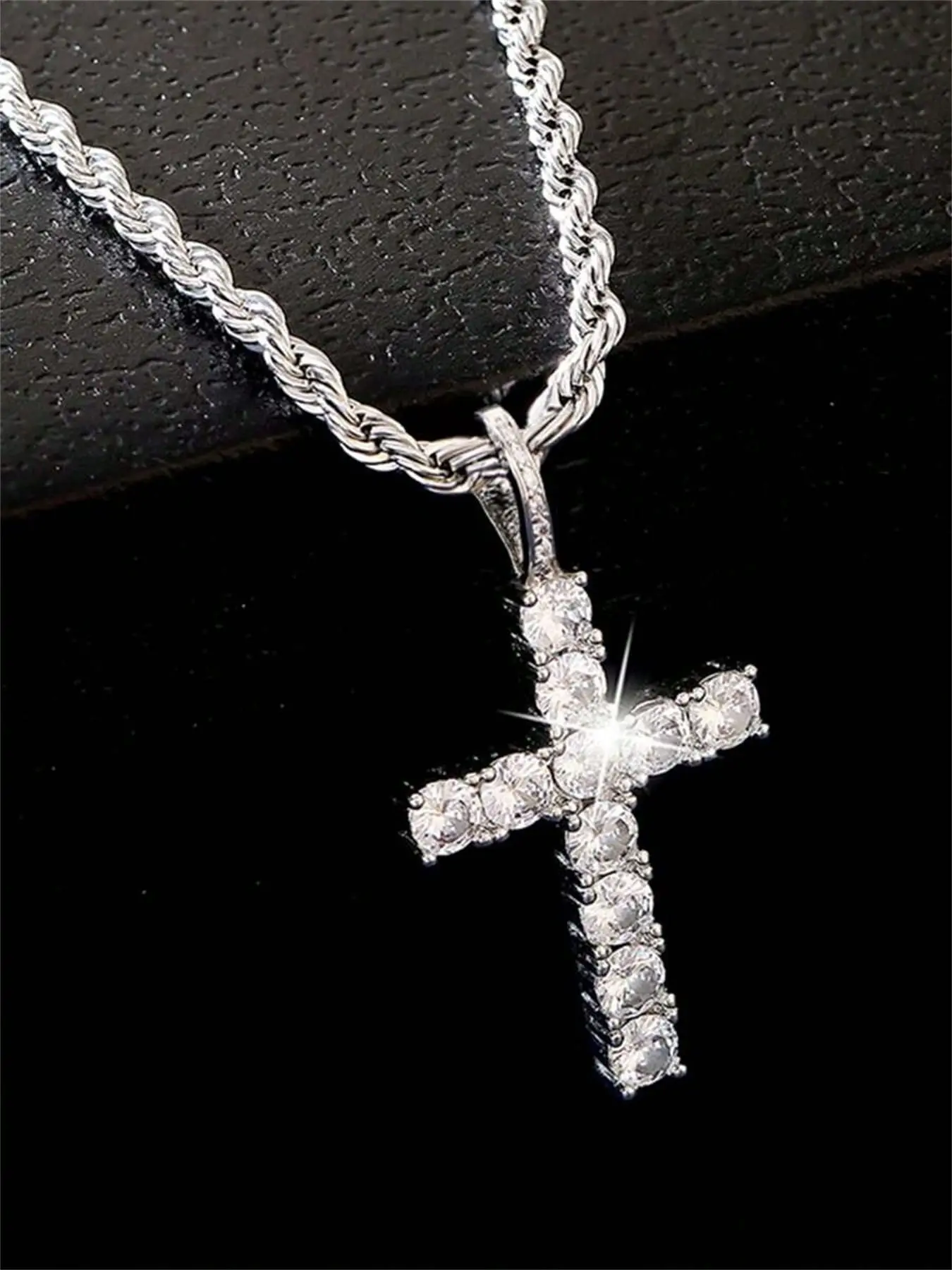 Men's Stainless Steel Cross Pendant Necklace with Twisted Rope Chain, Embedded Diamond Fashion Jewelry, Hip Hop, Rap, Rock Style, Cross Necklaces