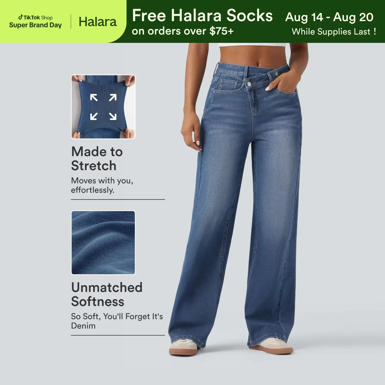 Halara Flex Asymmetric High Waisted Washed Casual Baggy Jeans with Pockets