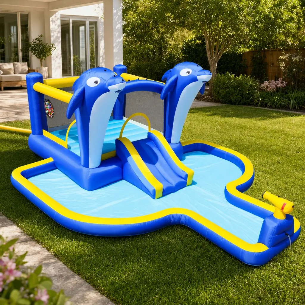 8-in-1 Inflatable Water Slide Bounce House with Blower, Sprinkler, Basketball Hoop, Target Games, Outdoor Trampoline Park for Kids, ETL Certified