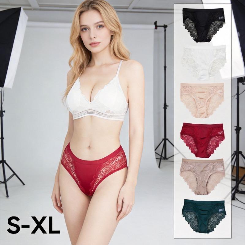 Lace underwear women's mid waist sexy European and American size patchwork see through lace triangle pants