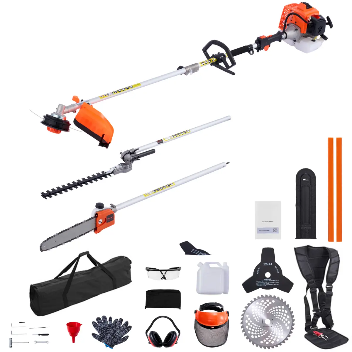 5-in-1 63cc 2-Cycle Gas-Powered Handheld Hedge Trimmer Kit with Protective Gear - String Trimmer, Brush Cutter (3T & 40T Blades), Pole Saw Included for Garden Maintenance