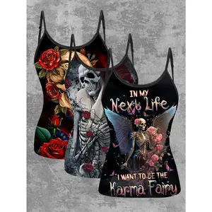 [3pcs Set| Adjustable Top] 3pcs Set Women's Adjustable Buckle Strappy Top| European and American Style Spring/Summer New Arrival Digital Print Rose and Skull Pattern Sleeveless Camisole