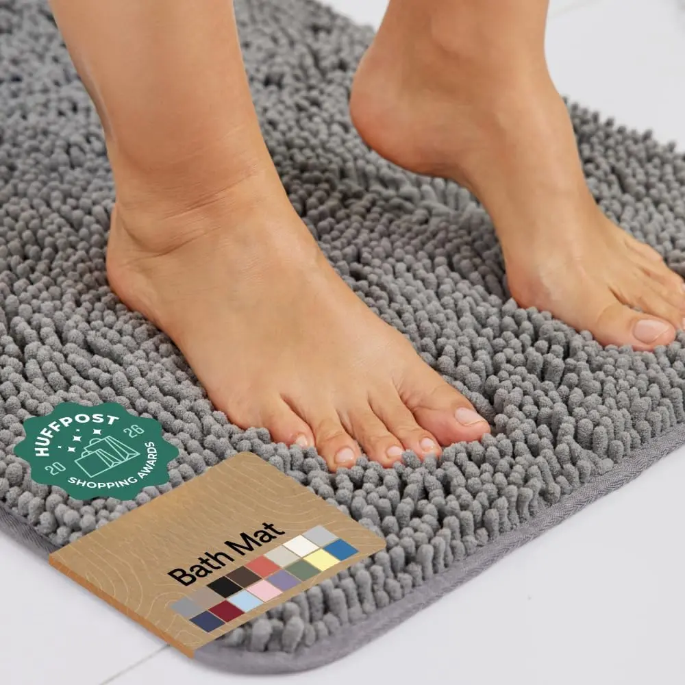 Bath Rug Mat 30x20, Thick Soft Absorbent Chenille, Quick Dry Microfiber Mats, Rubber Backing Washable Shower Floor Rugs, US Designed Bathroom Bathmat Home Decor Accessories, Grey