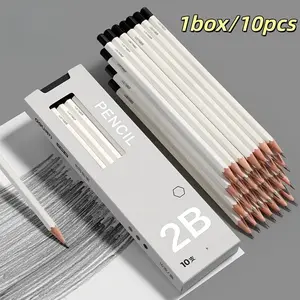 White hexagonal pencil 10pc, HB writing pencil, 2B writing pencil, hexagonal pencil holder, log pencil, sharpable pencil, smooth writing, comfortable grip, simple white pencil. Suitable for daily writing use.
