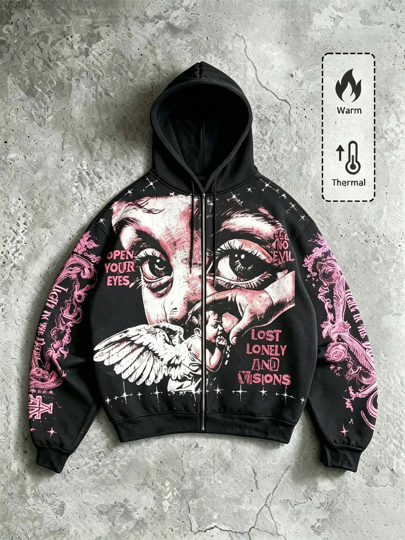 Men's Vintage Angel Eye Pattern Hooded Zipper Sweatshirt, Y2K Gothic Streetwear, Long Sleeve Loose Fit, Fall & Winter Warm Jacket