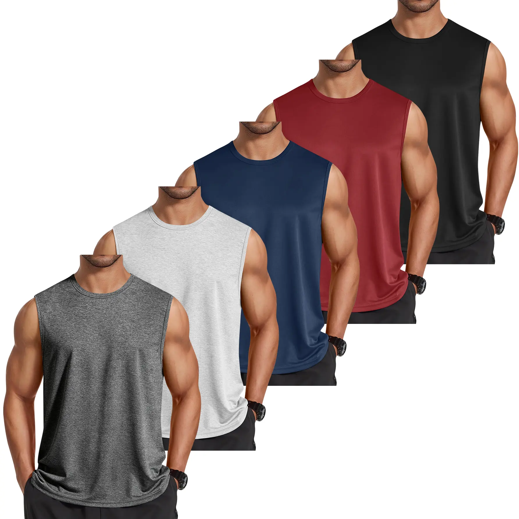 5-Pack Men's Summer Lightweight Sleeveless T-Shirts Fashionable Casual Tank Tops for Vacation Travel Gym Workout Sports Basketball Running Camping Commuting Solid Muscle Shirts Breathable Quick Dry Tee Trendy Gifts for Boyfriend Husband Menswear Vests