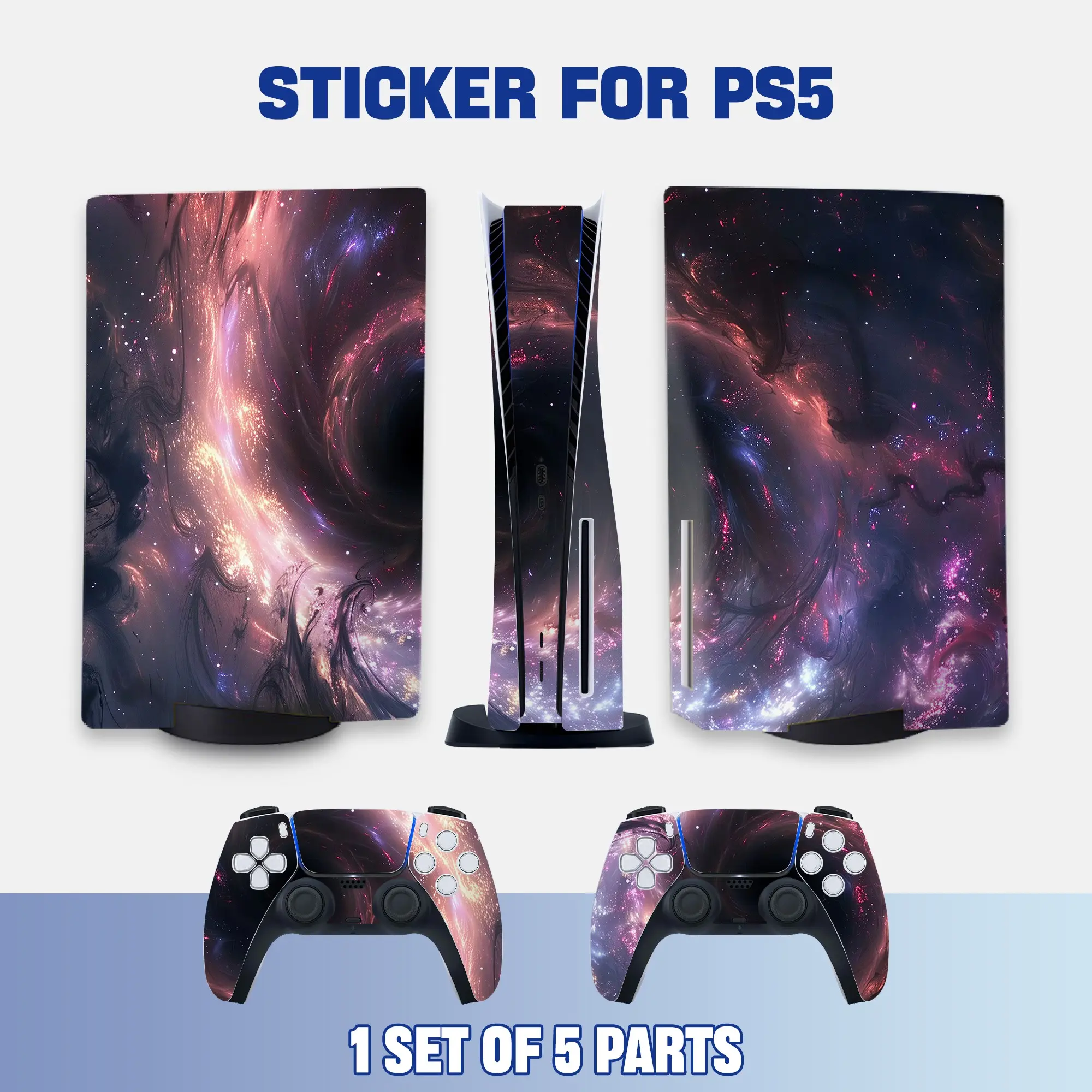 Pink & Purple Cosmic Nebula Style PS5 Disc Edition Vinyl Skin Sticker for Console & Controllers, Waterproof, Scratch-Resistant, Dustproof, Removable & No Residue