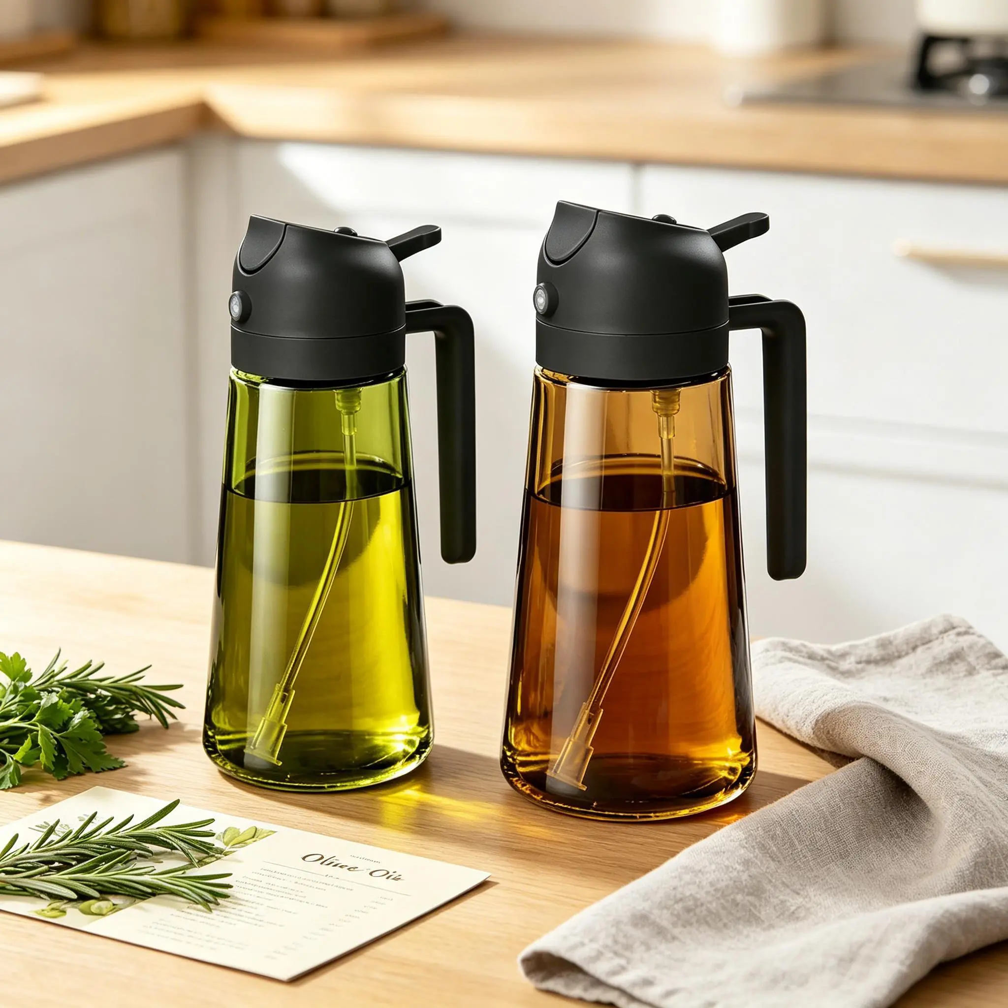 2-Pack Glass Bottle Oil Dispensers, Modern Food-Grade 2-in-1 Light-Blocking Dark Green Oil Spray Bottle for Cooking, 16oz/470ml for Air Fryer