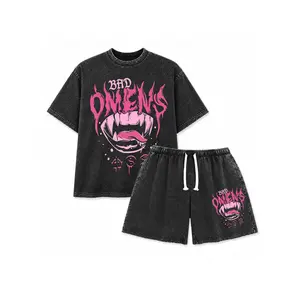 Bad Omen Graphic Tee, Fun Trendy Design Drop Shoulder, Premium 230GSM Heavyweight Vintage Washed Cotton Crew Neck T-Shirt, Oversized Cropped Streetwear Top for Men Women