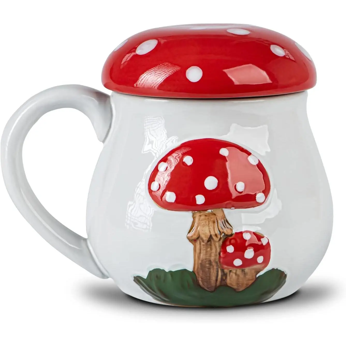 Mushroom Ceramic Coffee Mug with Lid 18 oz Large Cute  Cup White | 18 oz ceramic white mug featuring a  red mushroom accent and a matching mushroom cap lid to keep drinks warm.