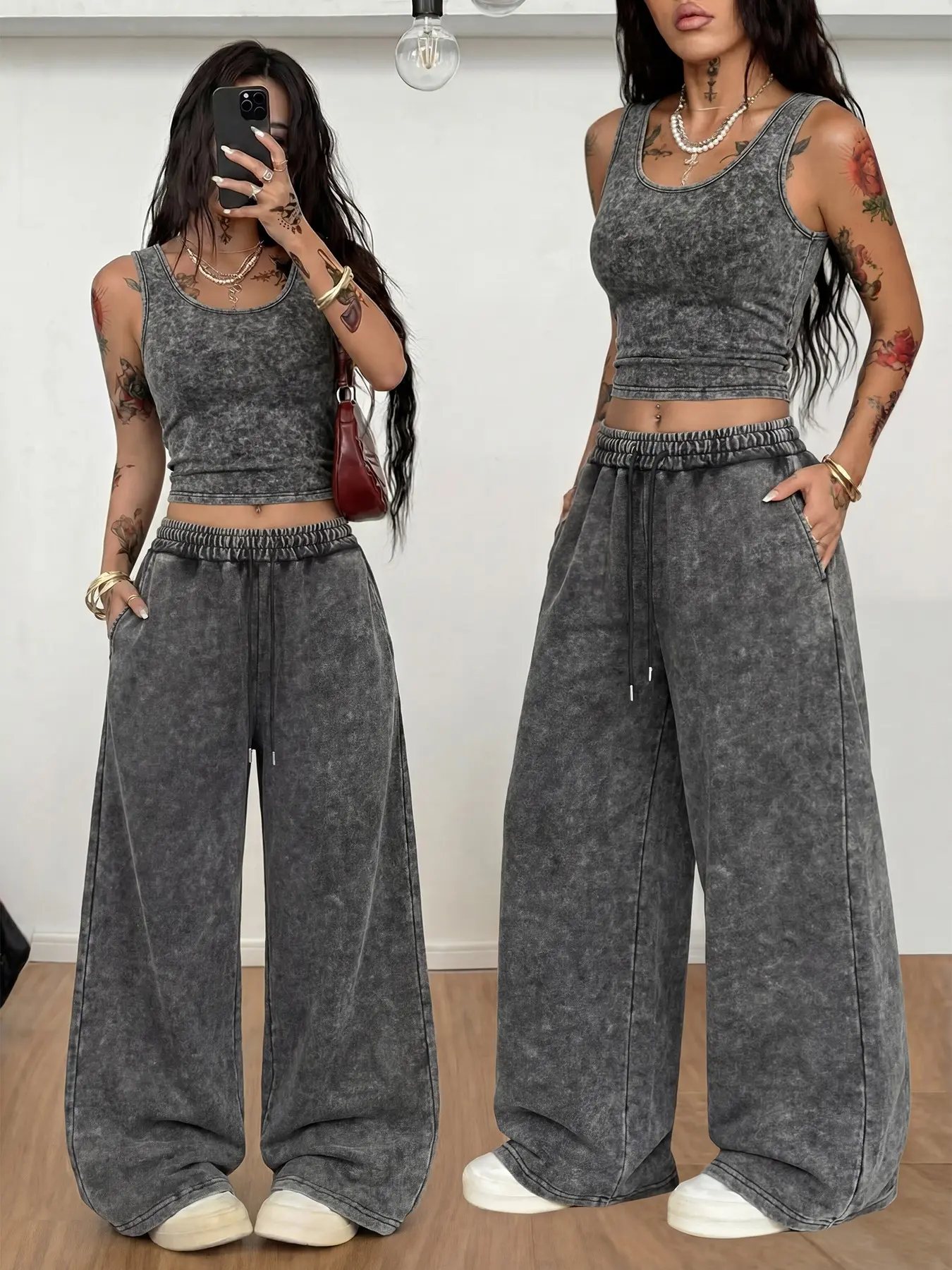 Distressed-wash tank top and wide-leg trousers set (3 colors available) for Women. American street style, Chic, Casual: a fitted U-neck tank paired with floor-length, draped trousers, Womenswear