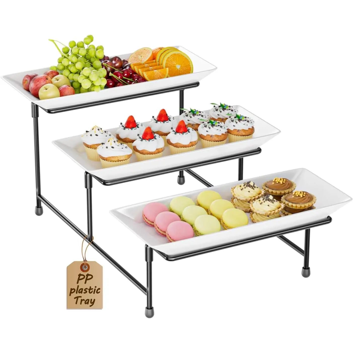 3 Tier Serving Tray for Party, 12''   Grade Shatterproof Tiered Serving Platters with Steel Stand, Collapsible Dessert Display for Wedding, Graduation, BBQ, Holiday Events, Black