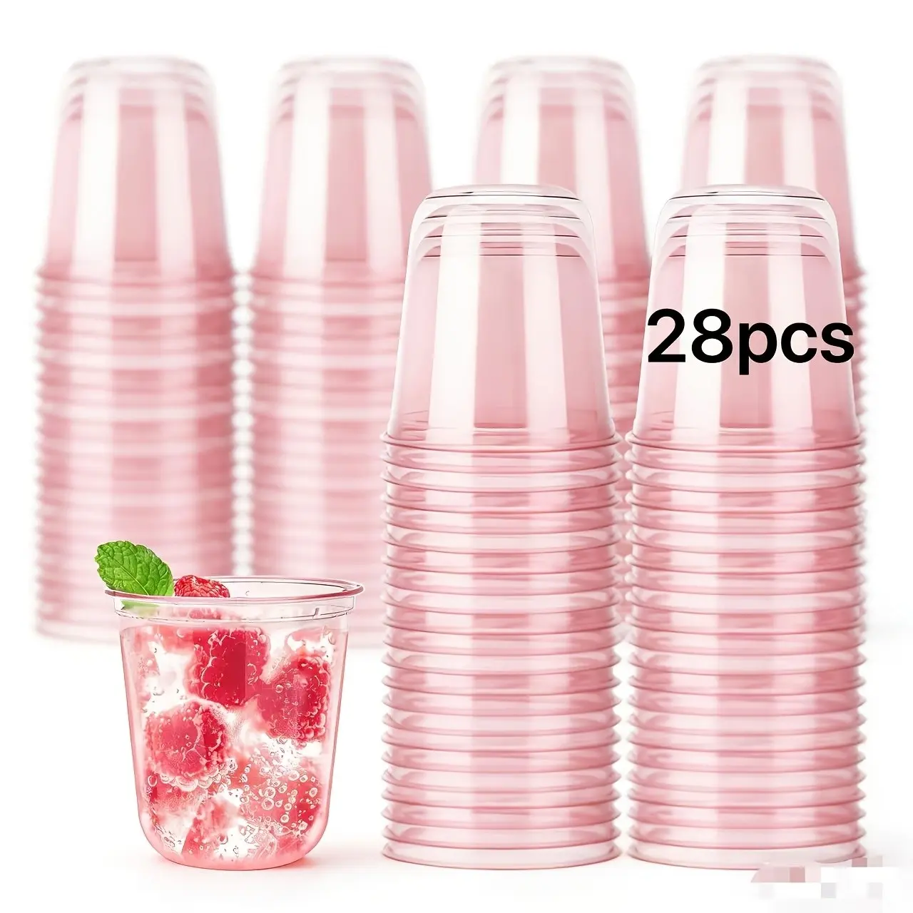 28/38pcs. 12oz Pink Plastic Cups, Stemless Wine Glasses, Crystal Cocktail Glasses, Cold Cups, Party Cups, Suitable for Valentine's Day, Wedding Parties, Birthday Parties, and Other Occasions
