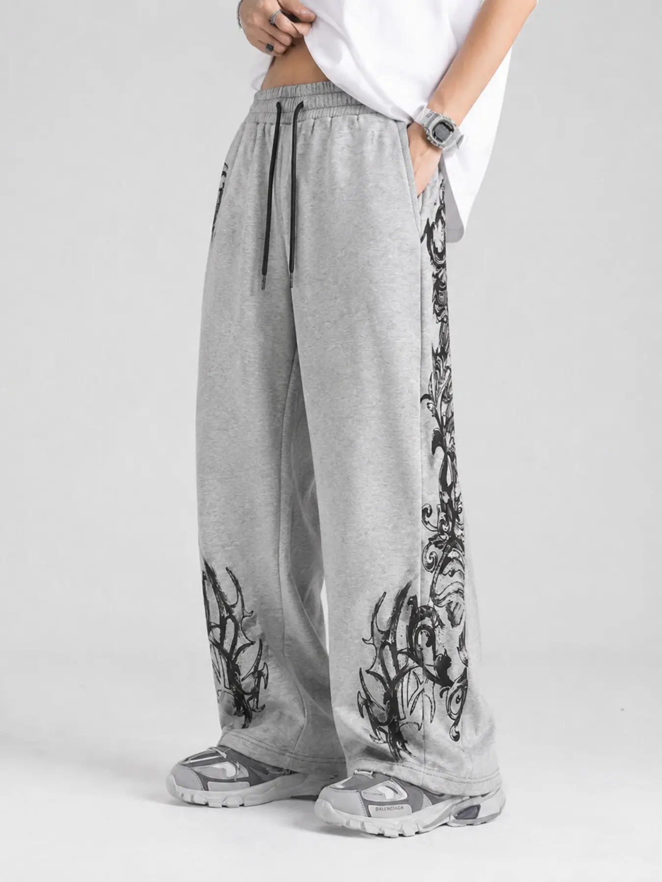 Men's Light Gray Cyber Sigilism Graphic Sweatpants, Baggy Wide-Leg Drawstring Pants with Black Tribal Gothic Prints, Side Pockets and Relaxed Straight Legs, Retro Y2K Dark Streetwear for Campus, Skate, Travel, Festivals, Parties, and Casual Wear