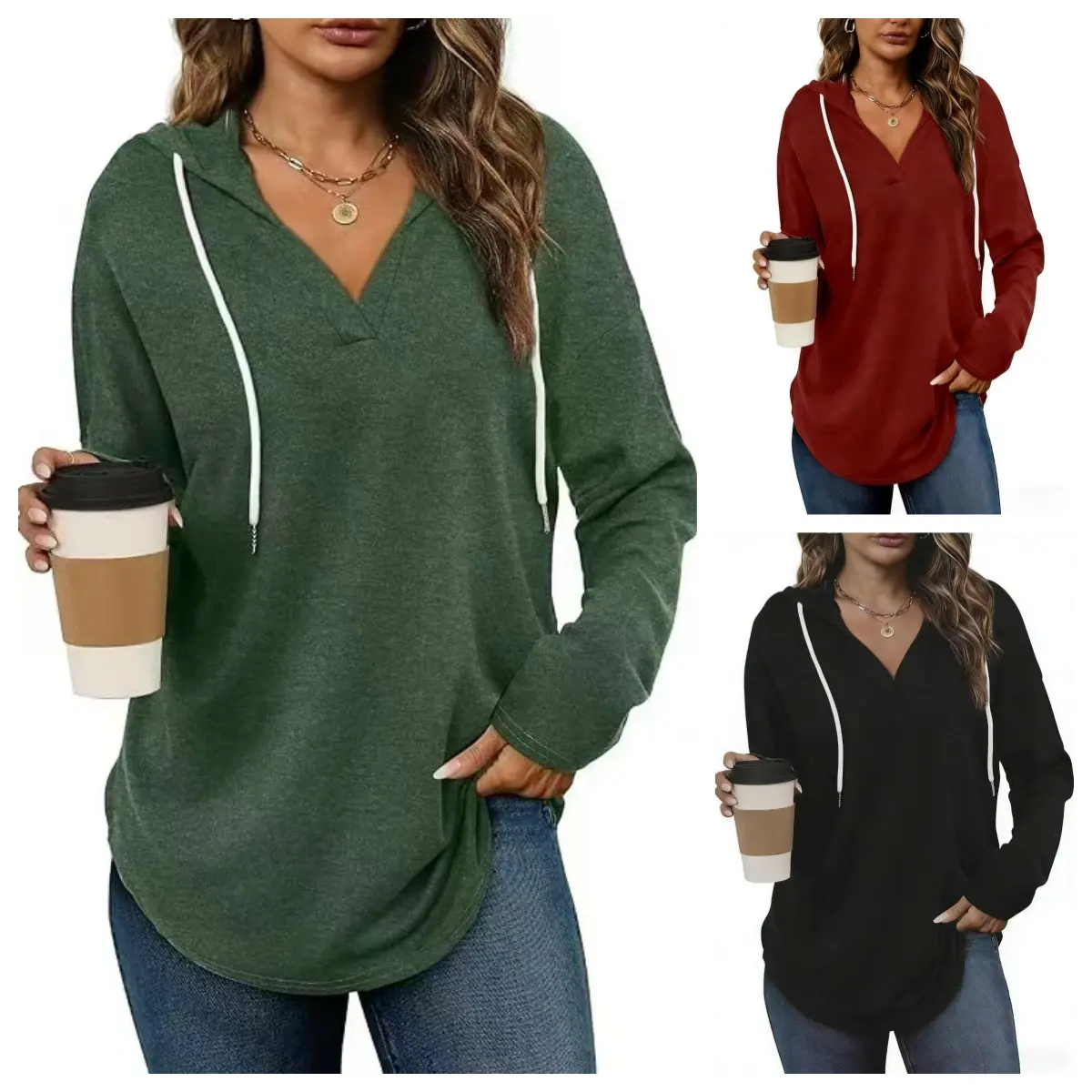 Women’s Casual V Neck Pullover Hoodie, Loose Fit Long Sleeve Drawstring Hooded Tunic Top with Curved Hem, Lightweight Stretch Sweatshirt for Spring, Fall, Travel and Everyday Wear