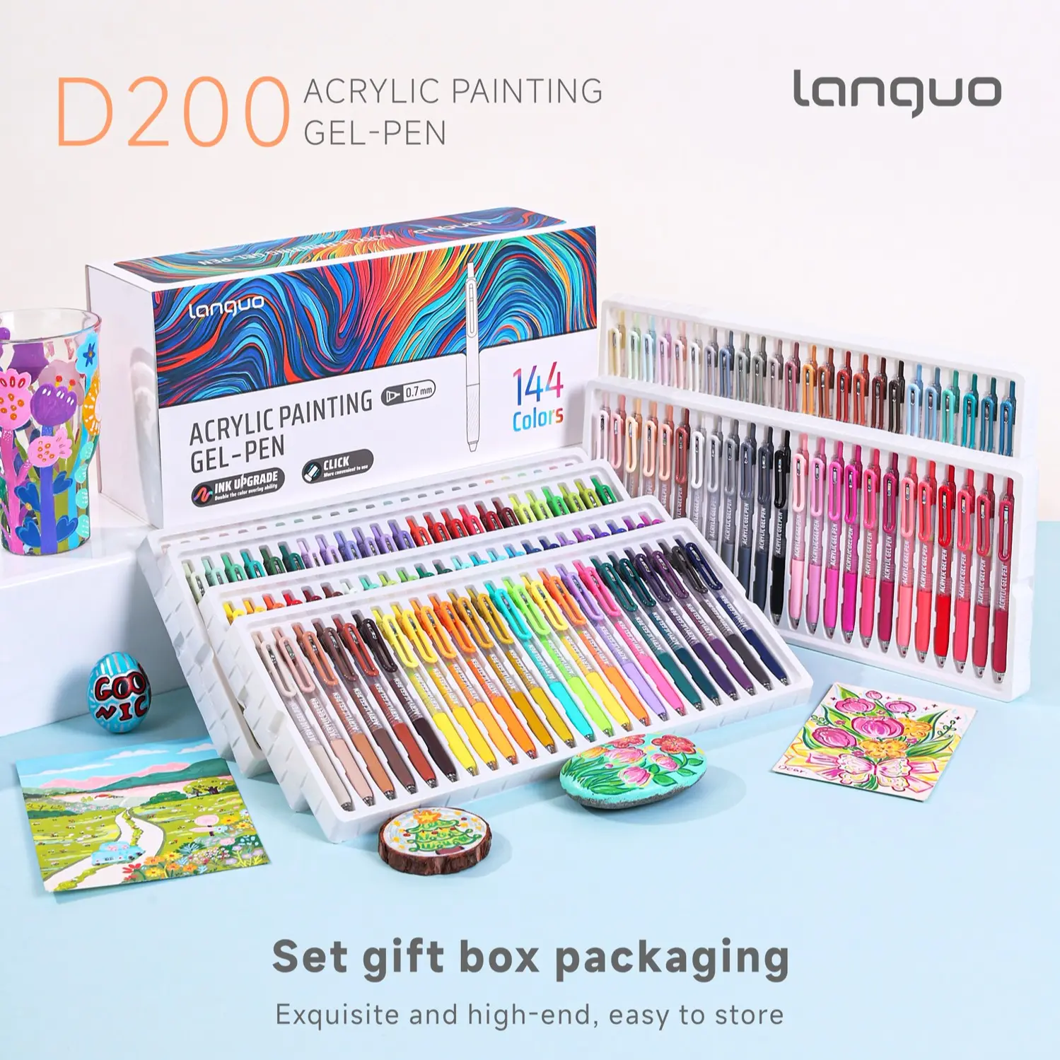 Languo 144 Color Gel Pen Set, Art Pens, 0.7mm Stainless Steel Tip, High Coverage Ink, Suitable for Stone, Ceramic, Glass, Wood, Canvas, Phone Case, DIY Art Supplies