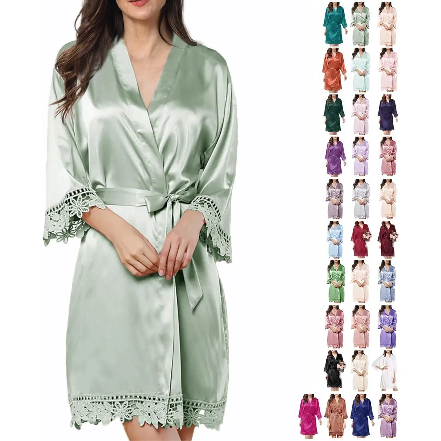 Womens Silk Robe Satin Robe Silky Kimono Lace Bathrobe Wedding Dressing Gown For Bridal Bride Bridesmaid Robes
