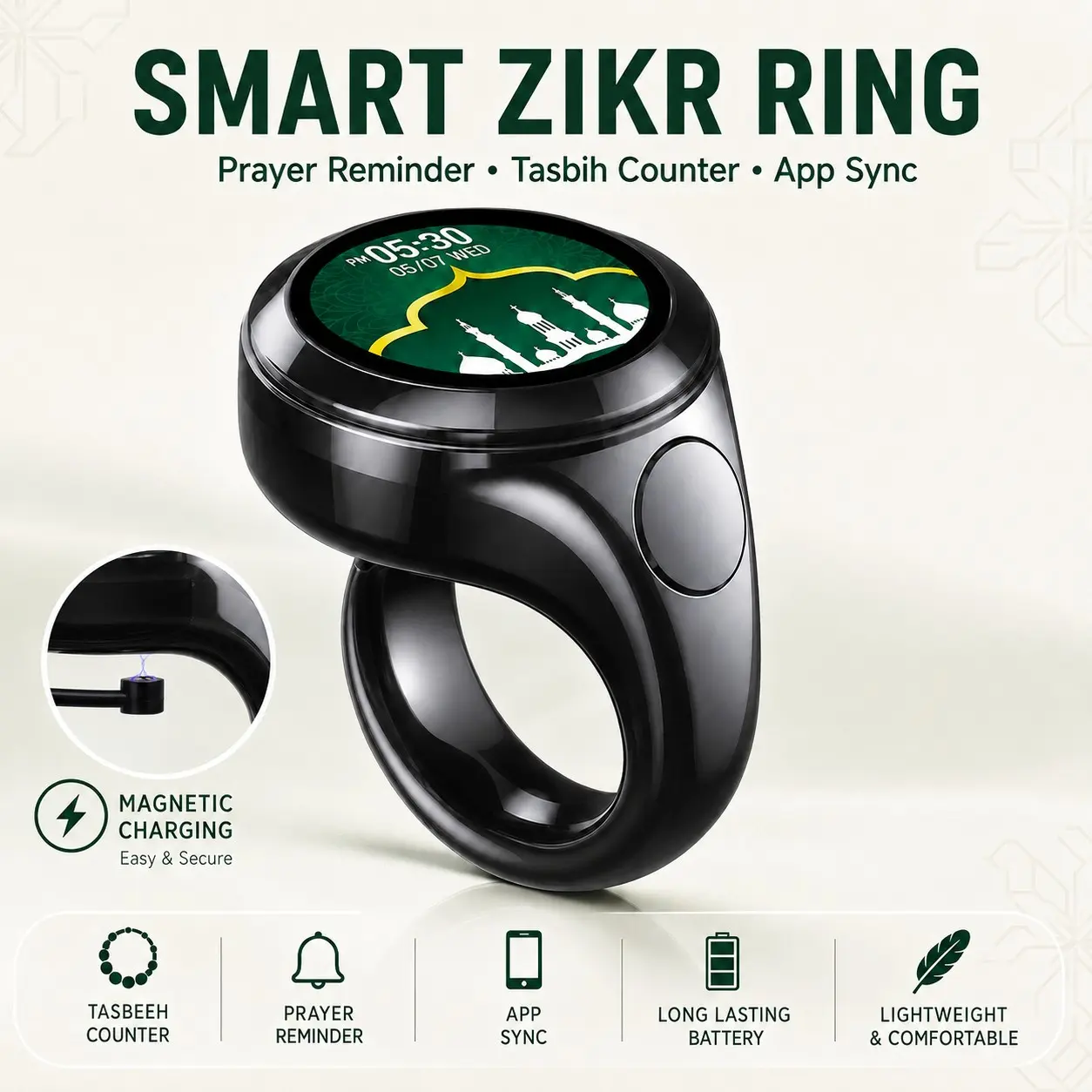 Smart Counter Ring, Tasbeeh Counter, Oled Display Prayer Beads Counter, Customizable Screen, APP Sync, Qibla Direction, Muslim Prayer Reminder for Men and Women