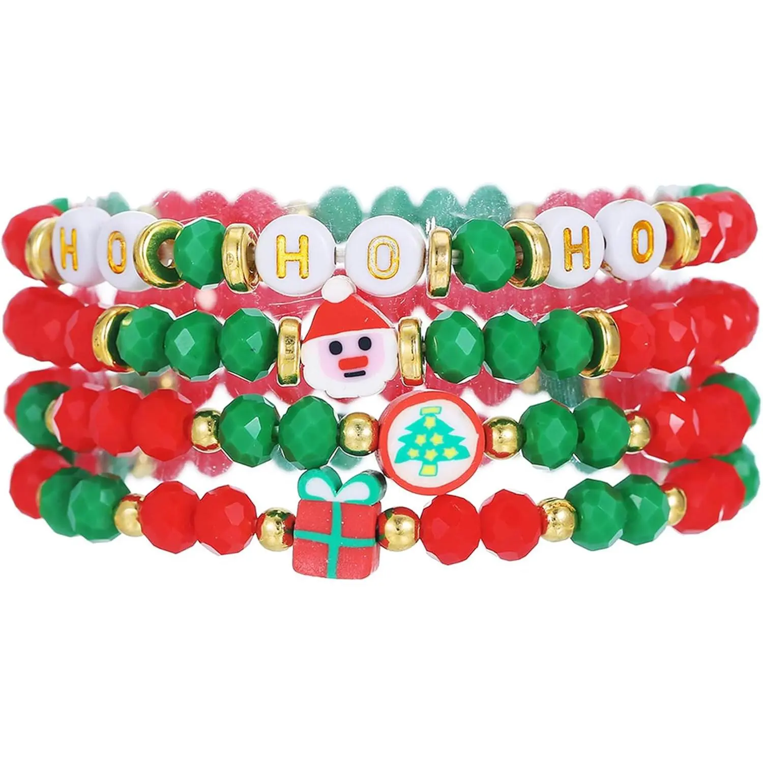 6 count Christmas Bracelets Set for Women Colorful Beaded Stackable Bracelets with MERRY CHRISTMAS Charms Cute Xmas Holiday Party Accessories