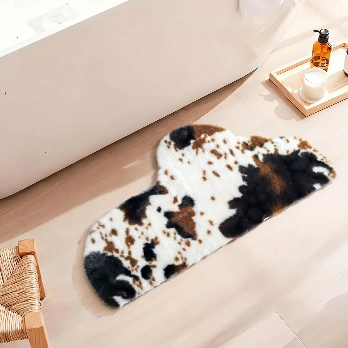 1pc Faux Rabbit Fur Short Pile Cow Print Irregular Lace Bath Mat, Absorbent Non-Slip Rug for Bathroom Washroom Vanity Area, Soft Quick-Dry Easy Clean, Cute Animal Print Home Gift Idea