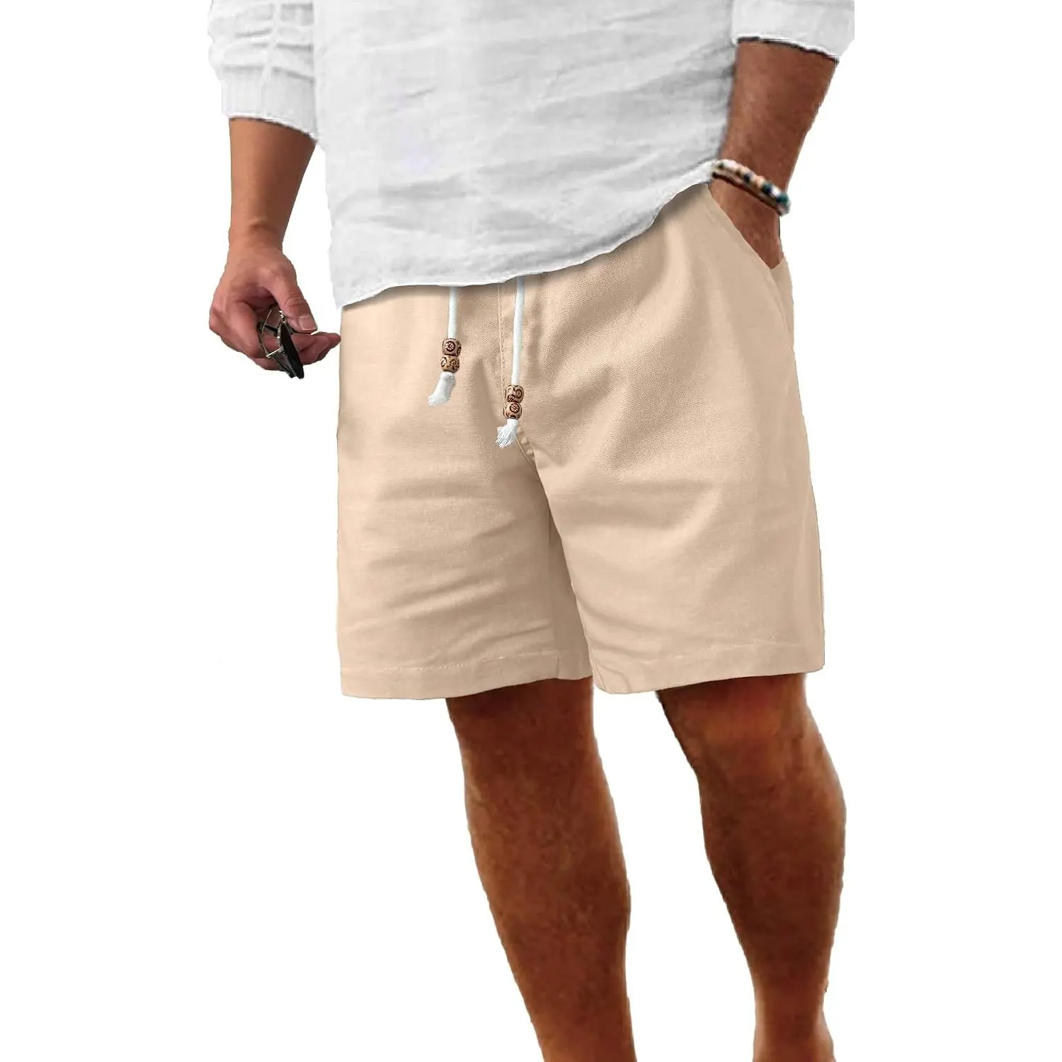 Men's Cotton Linen Casual Shorts | Regular fit, Breathable lightweight, elastic waist with beaded drawstring, ideal for summer beach vacation cruise & golf