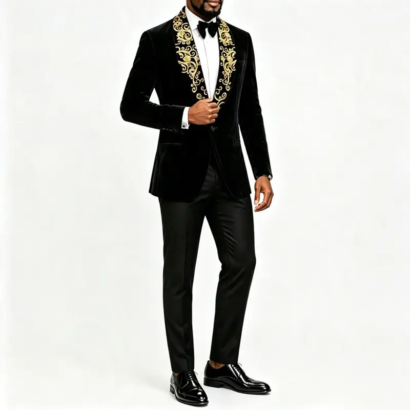 Men's Black Velvet Tuxedo Blazer, Luxury Gold Embroidery Shawl Lapel Slim Fit Dinner Jacket, Formal Suit Coat for Wedding, Prom, Gala Party