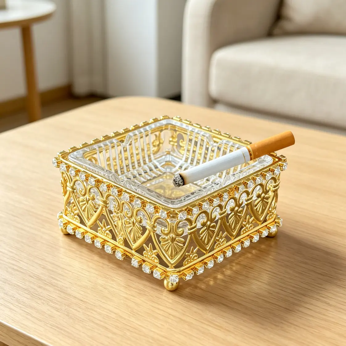 Square Vertical Stripe Glass Ashtray, Rhinestone Heart Cutout Frame, Crystal Iron Ashtray with Ball Base, Luxurious Desk Decor, Shiny