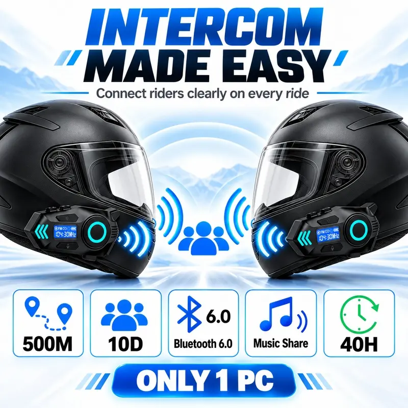 Bluetooth 5.0 Motorcycle Helmet Speaker, Wireless Intercom with Music Sharing, Hands-Free Calls, FM Receiver and IP65 Protection, Motorcycle Accessory