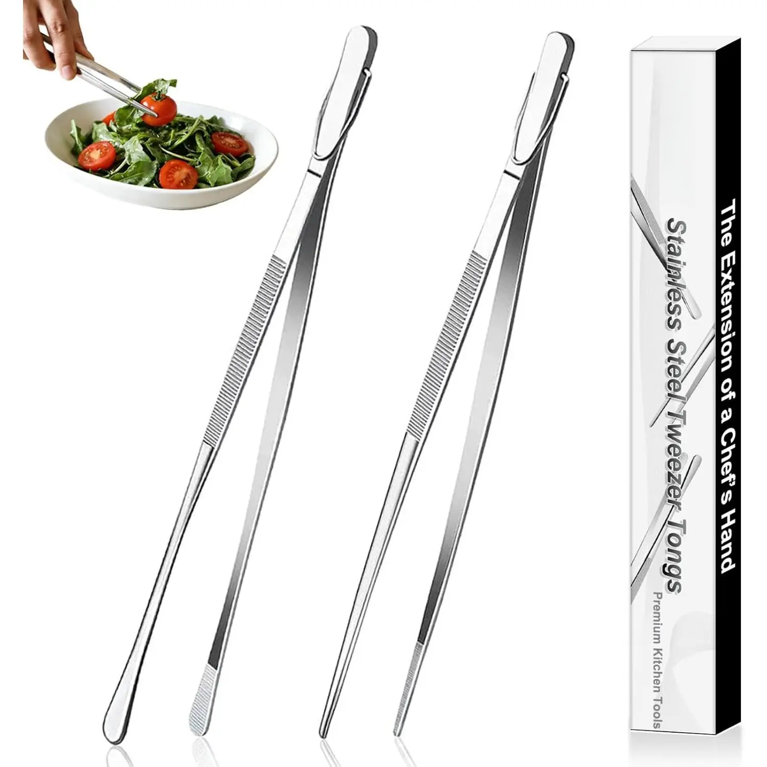 2-Count 12-Inch Stainless Steel Kitchen Tweezers - Serrated Dual Tip Grip Tongs with Hook, Heat Resistant Non-Slip Kitchenware for Barbecue Accessories, BBQ Grill Use, Two Count